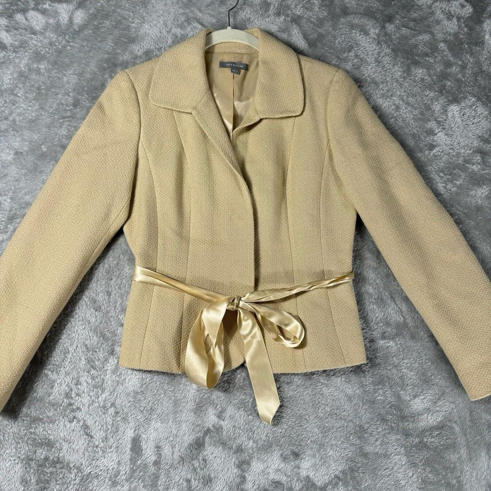 Ann Taylor Ribbon Tied Blazer Womens 4 Tan Beige‎ Sparkle Holiday Office Career